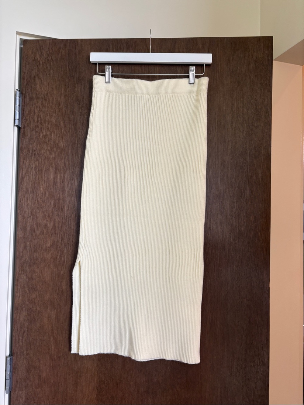 Cream Ribbed Knit Midi Skirt